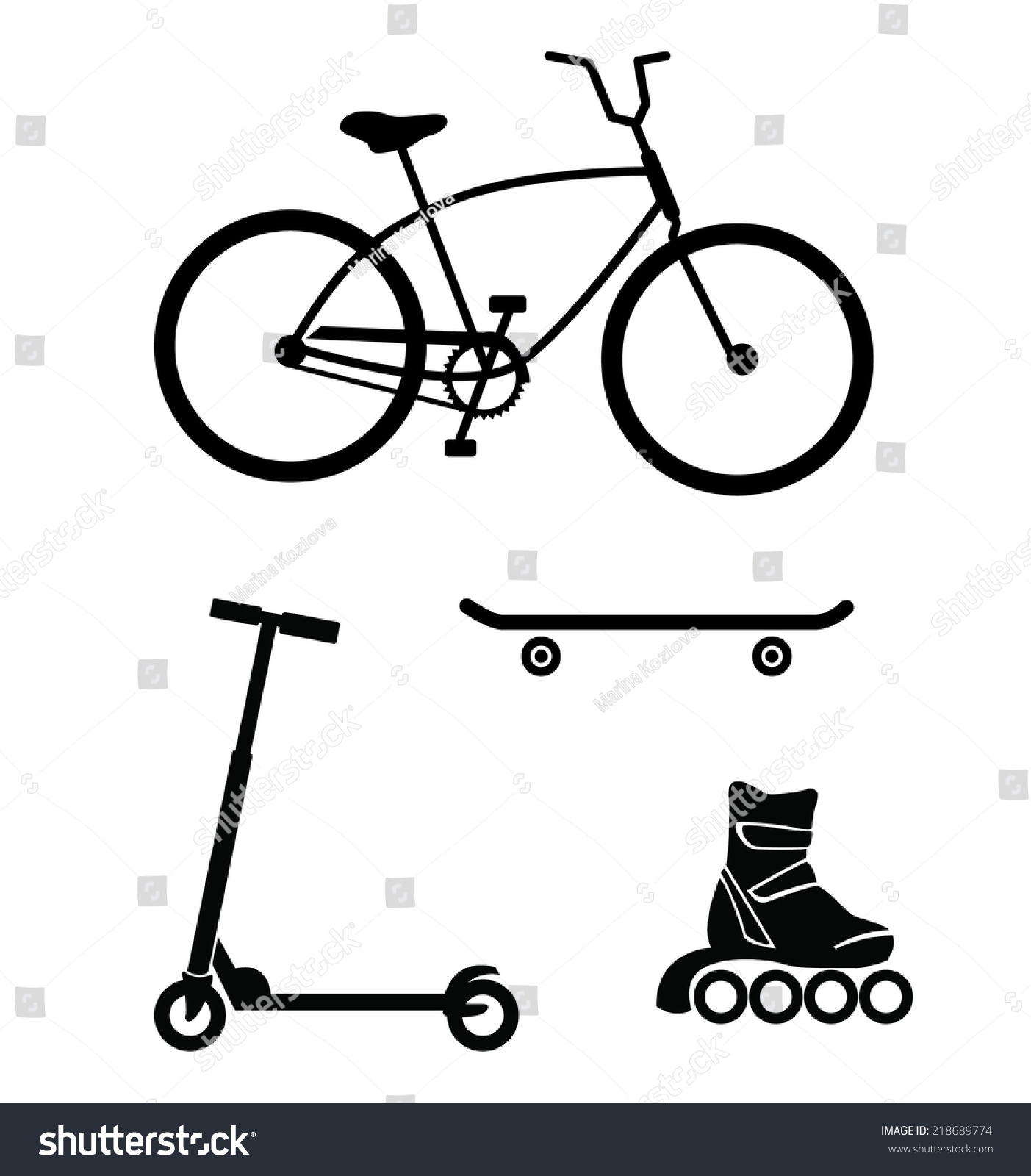 Imagem de uma Bicicleta, Skate, Trotinete e Patins.
